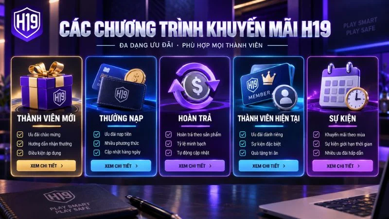 Các chương trình Khuyến Mãi H19 gồm thành viên mới thưởng nạp và hoàn trả