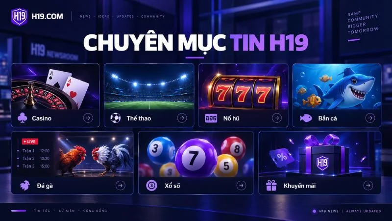 Các chuyên mục Tin Tức H19 gồm Casino Thể thao Nổ hũ Bắn cá Xổ số và Khuyến mãi